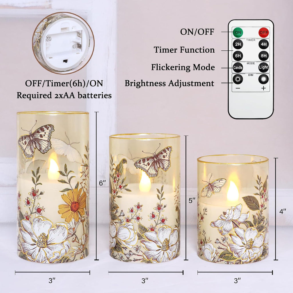 Glass Flameless Candles Battery Operated with Remote Timer Botanical Butterfly & Floral Real Wax Flickering LED Pillar Candle for Spring Summer Home Decor, Wedding, Table Centerpiece