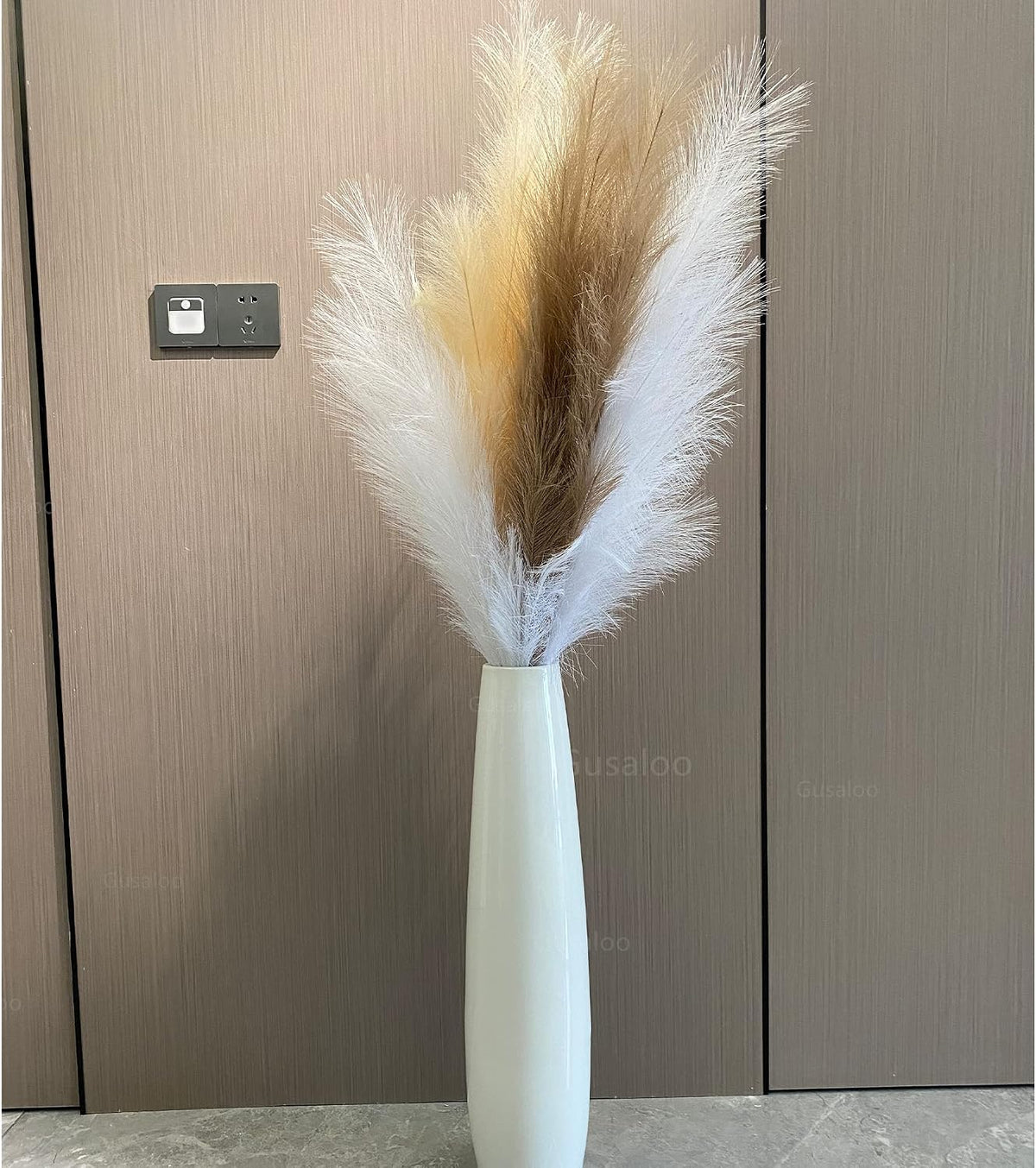 Artificial Faux Pampas Grass Large, 47"/120cm Bundle of 3 Fake Artificial Pampas Grass Tall Fluffy Stems, Floor Vase Filler for Living Room Kitchen Decor Boho Decor Wedding - White