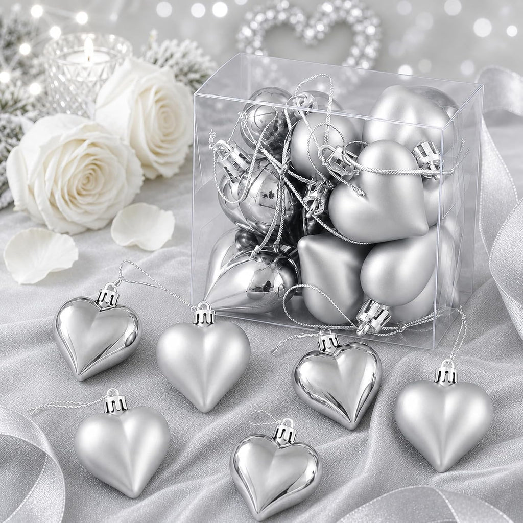 Set of 12 Silver Heart Ornaments for Christmas Valentine Tree Decorations, 1.8 inch Mini Valentines Ornaments for Small Tree, Heart Shaped Plastic Shatterproof Hanging Balls Holiday Party Decor