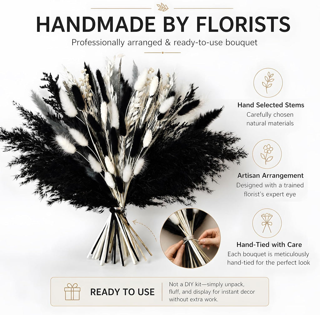 Black Pampas Grass Bouquet, Dried Flowers for Halloween and Boho Home Decor
