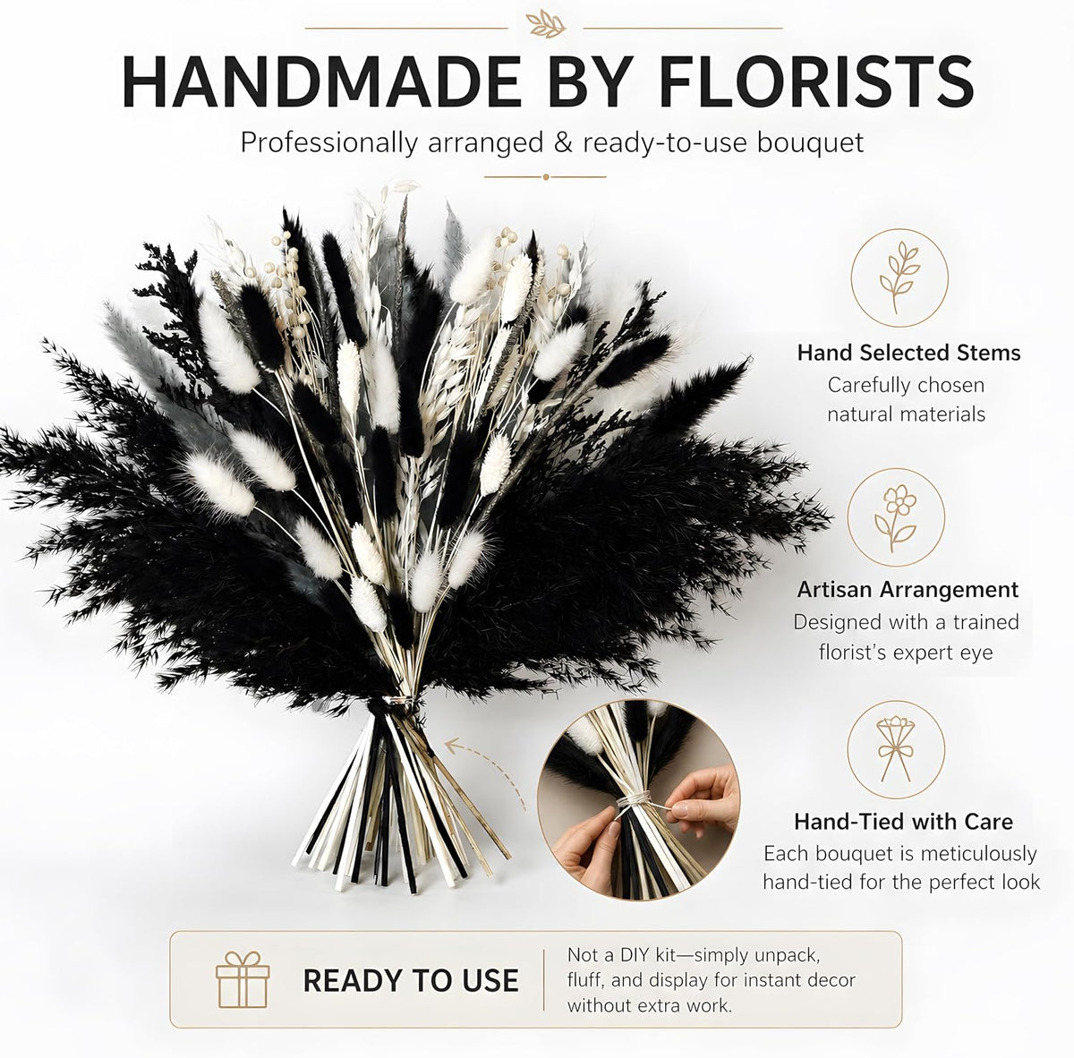 Black Pampas Grass Bouquet, Dried Flowers for Halloween and Boho Home Decor