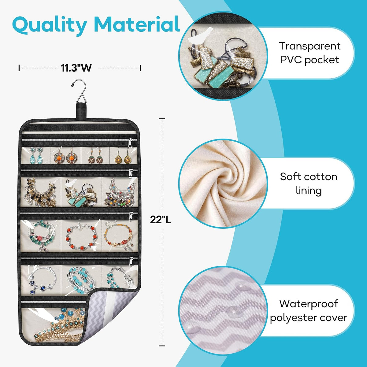 MISSLO Hanging Jewelry Organizer Travel Foldable Jewelry Roll Storage Case with 14 Cotton Zippered Pockets for Traveling, Closet, Suitcase
