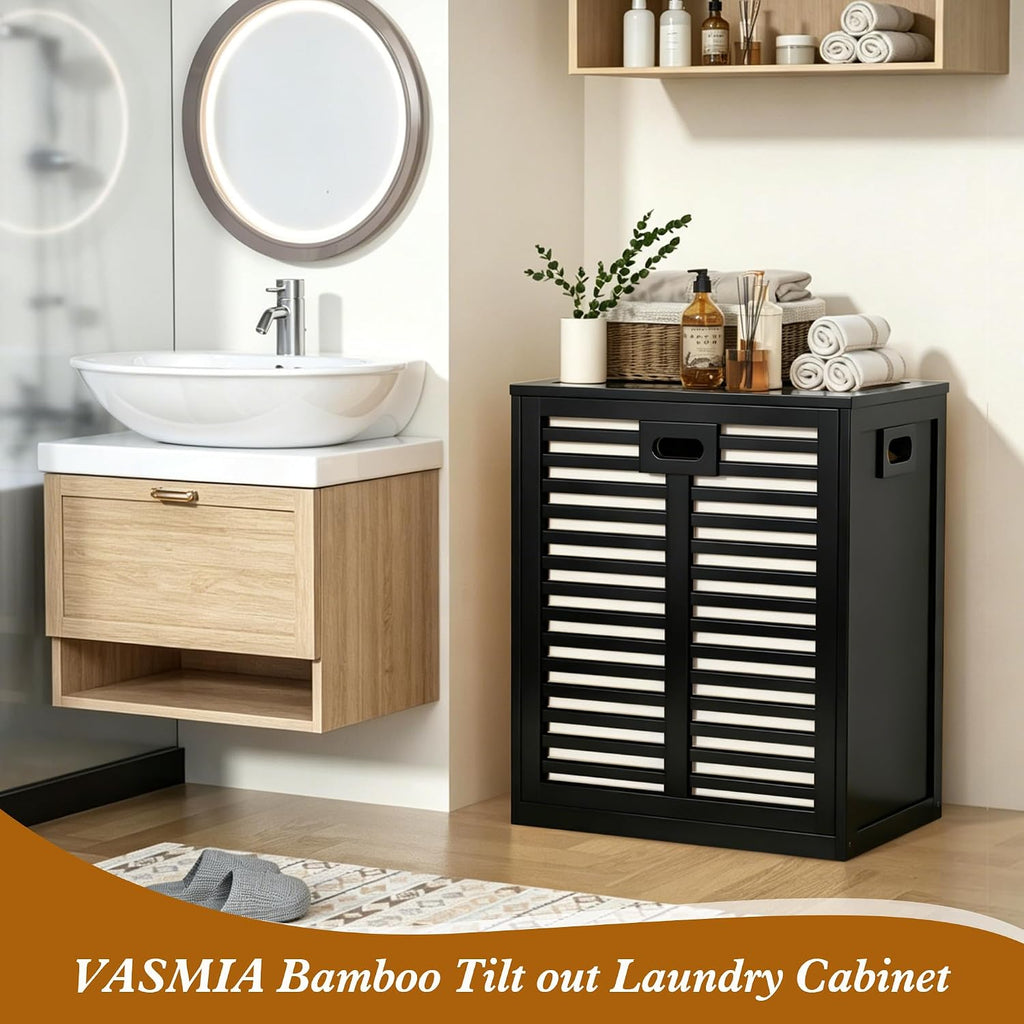 VASMIA Tilt Out Laundry Hamper, Bamboo Laundry Cabinet with Hidden Removable Basket,Dirty Clothes Storage Organizer for Bedroom, Bathroom, Living Room, Black
