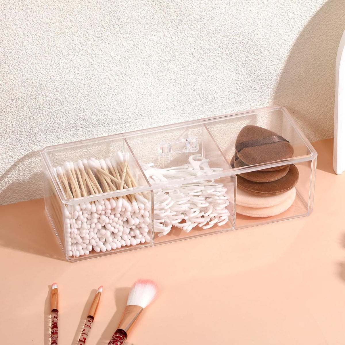 3 Pack Clear Acrylic Organizer with Lid, 3 Compartments Cotton Ball and Swab Holder Jar, Waterproof Bathroom Storage Containers for Vanity, Makeup Pads, Cosmetics, 8.94x3.54x2.56 Inch