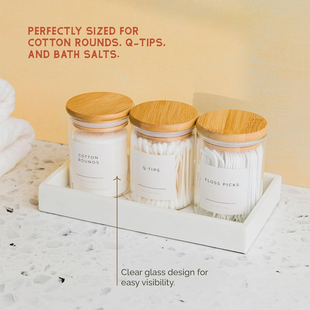 Vase and Vessel Mini Glass Apothecary Jars with Bamboo Lids, Small Bathroom and Kitchen Storage Containers, For Cotton Balls, Pads and Swabs, 10 oz, Set of 3 (Clear)