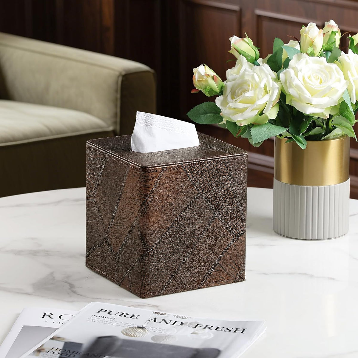 Square Tissue Box Cover, Stylish Leather Tissue Box Holder with Magnetic Bottom, Used As A Decorative Tissue Holder for Living Rooms, Bedrooms, and Desks (Brown Vintage)
