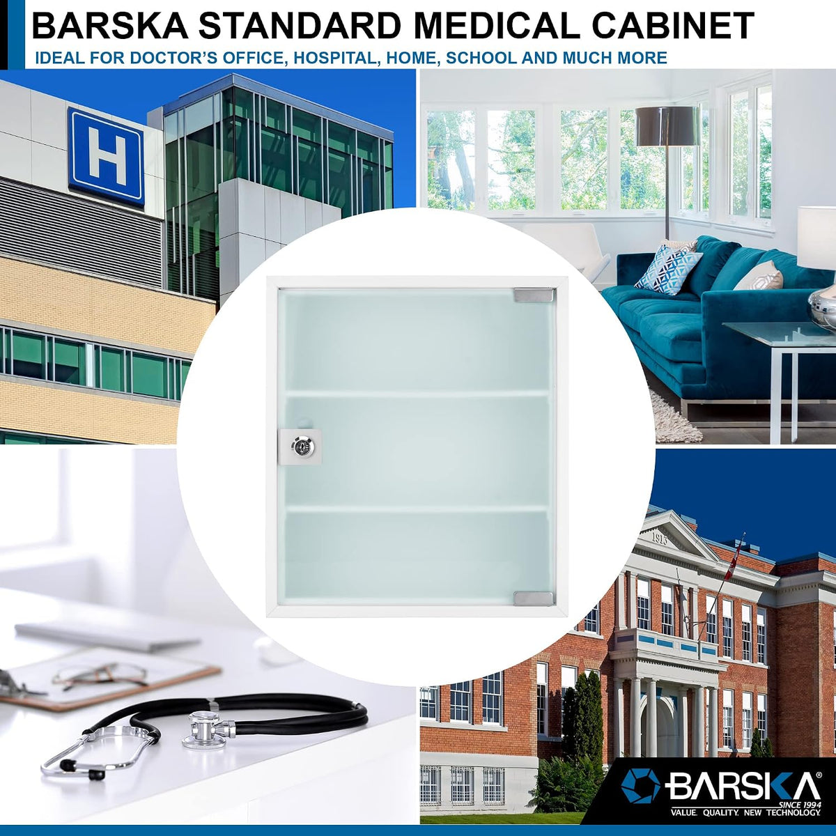 Barska Wall Mount Medical Security Cabinet with Key Lock – Standard Size, Includes Magnetic Erase Pad for Medications, First Aid, or Supplies - Medicine Cabinet Organizer - Medicine Storage Glass