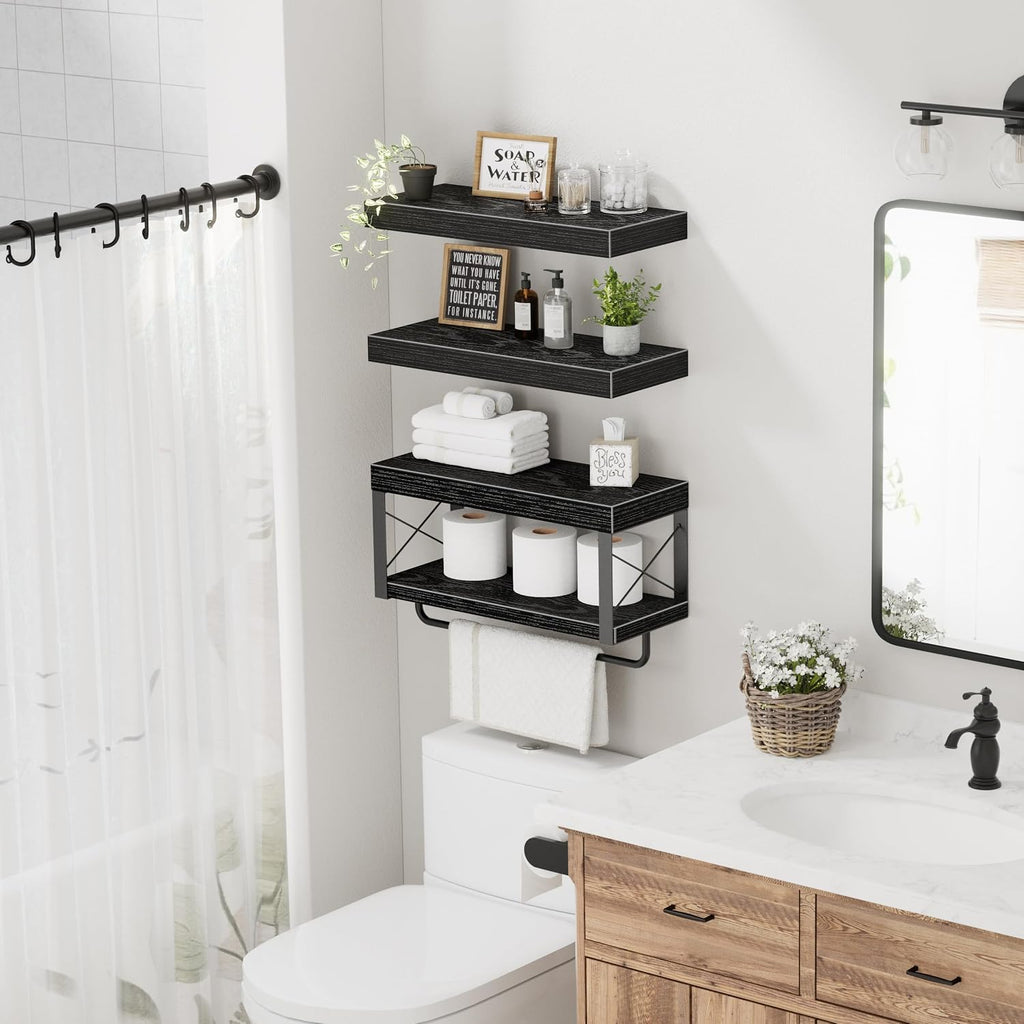 QEEIG Bathroom Shelves Over Toilet (Black, Set of 3, 15.7")