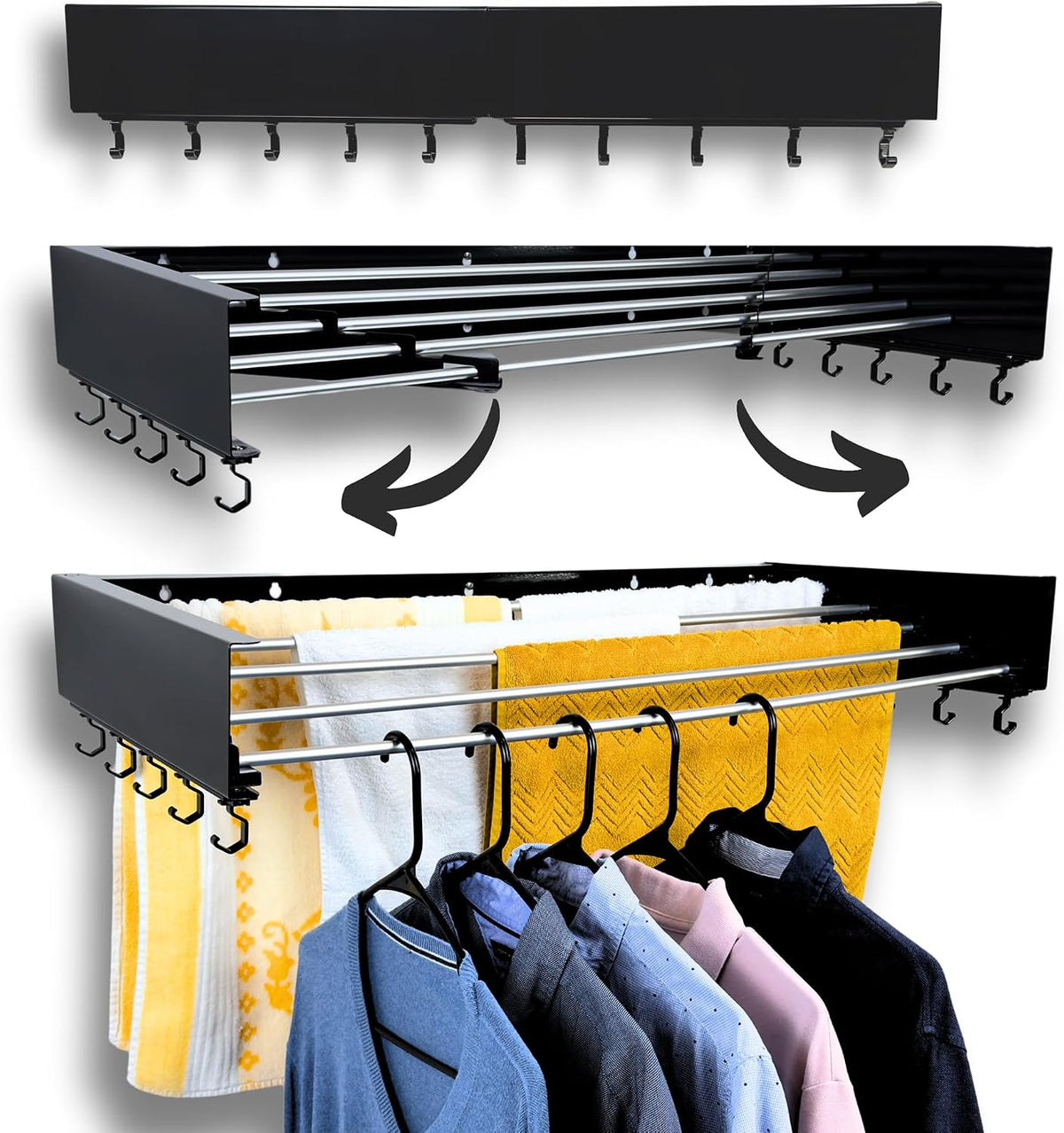 Foldable Wall Mounted Drying Rack - 31.5” Wide, 13.2 Ft Drying Space, 5 Rust-Resistant Rods, Supports Up to 60 lbs - Retractable & Foldable Space-Saving Wall Mounted Clothes Drying Rack (Black)