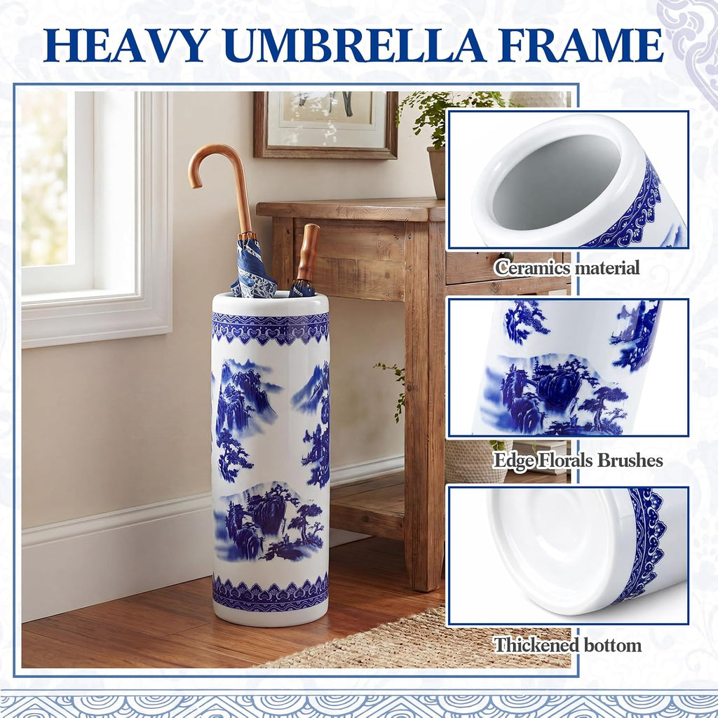 Sawysine Blue White Ceramic Umbrella Stand with Landscape Design