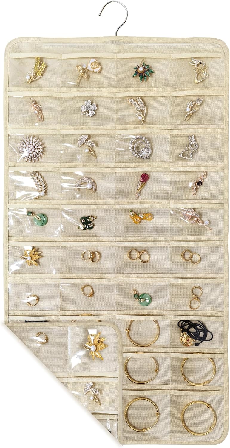 2 PACK(Total 160 Pockets) Hanging Jewelry Organizer with Hanger Metal Hooks Storage On Wall Door Closet Double-Sided(Each Side 40 Pockets) Jewelry Holder for Earrings, Necklaces, Rings (2 Pcs Beige)