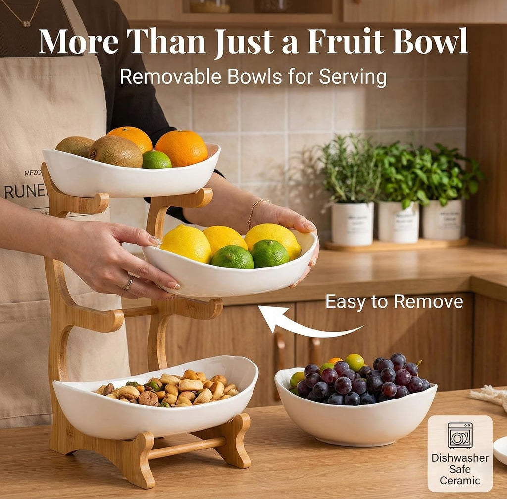 Bamboo Fruit Stand - 3 Tier Ceramic Fruit Bowls with Wooden Stand – Fruit Holder for Kitchen, Dining Table & Living Room – Decorative Countertop Organizer for Fruits, Vegetables & Snacks