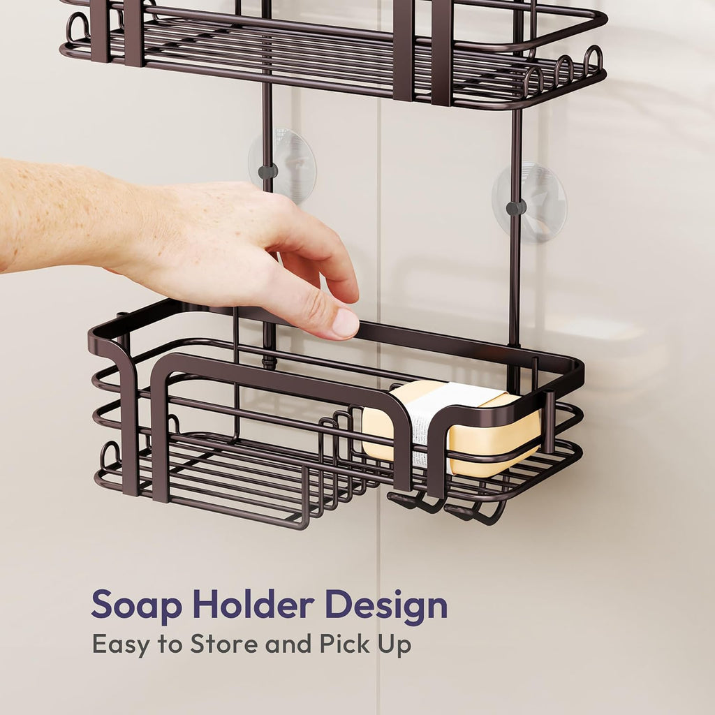 SWTYMIKI Shower Caddy Hanging Organizer - Over the Door Shower Caddy with Soap Holder, 11 Hooks, 2 Installation Ways, Stainless Steel Rustproof Bathroom Organizer, Bronze