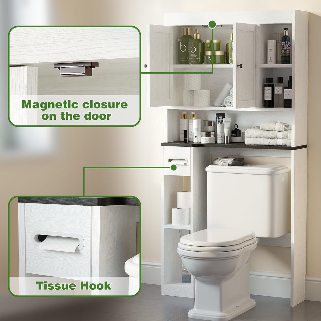 Over The Toilet Storage Cabinet with 7 Shelves, Imitation Walnut Grain Above Toilet Bathroom Organizer with Toilet Paper Holder Stand, Space Saver for Restroom, Laundry, Bathroom (White)