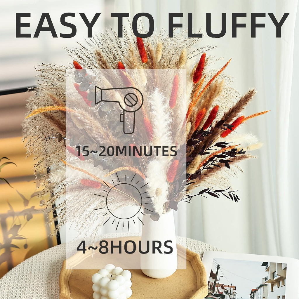 Burnt Orange Rustic Dried Flower Bouquet – Natural Pampas Grass, Eucalyptus & Bunny Tails in Farmhouse-Inspired Floral Arrangement for Home and Event Decor (Hearthlight Amber)