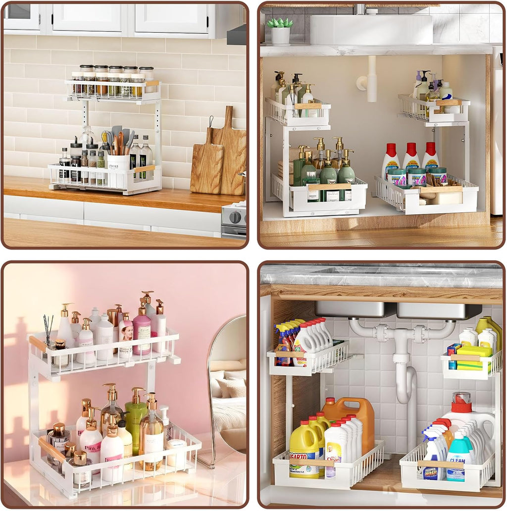 Under Sink Organizer, 2 Tier Pull Out Cabinet Organizer with 5 Adjustable Heights, Metal Under Sink Storage with Sliding Drawers for Kitchen, Bathroom, Pantry and Laundry Room, 4-Pack White