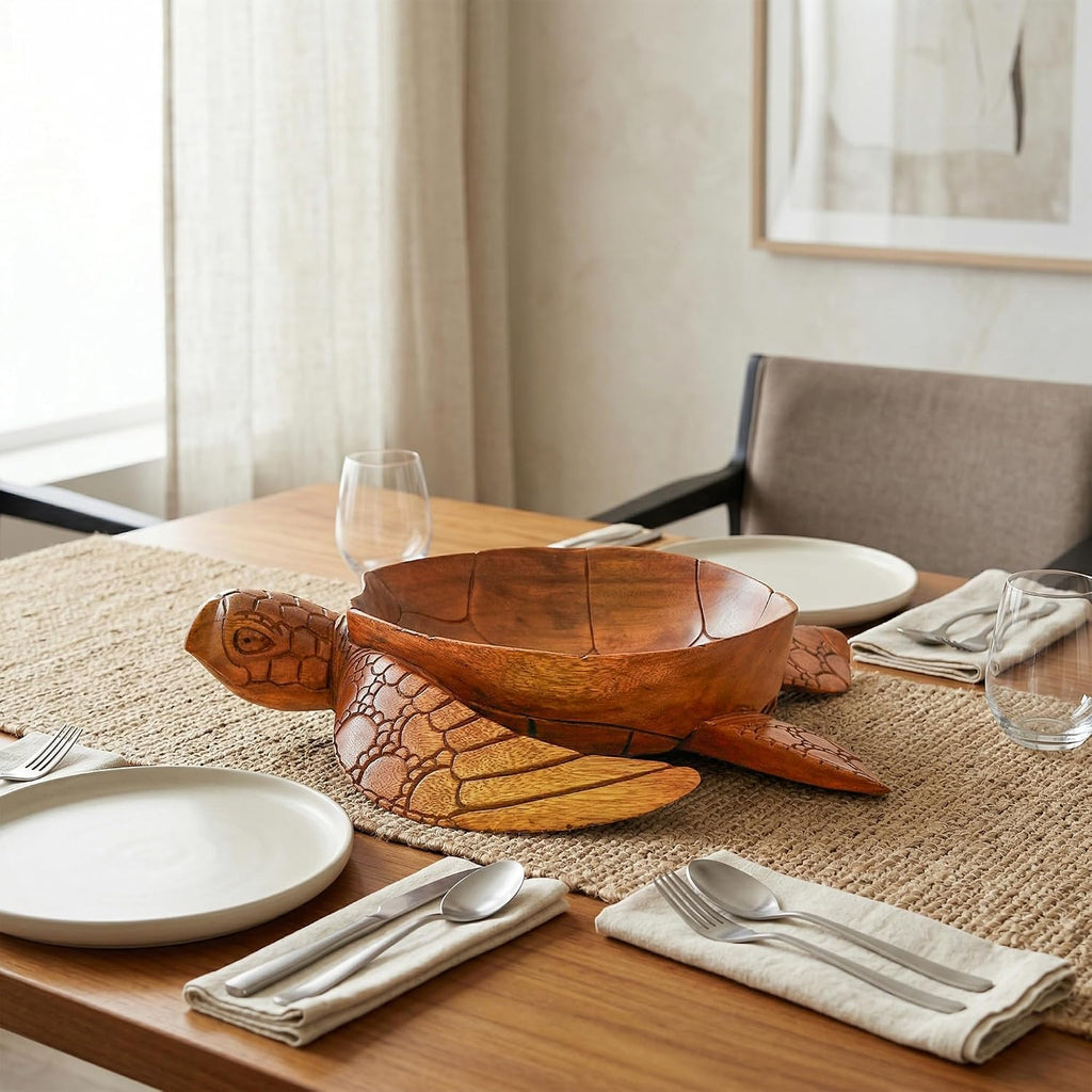 Wooden Hand Carved Turtle Bowl – Decorative Fruit Dish, Rustic Coastal Ocean-Inspired Tabletop Centerpiece, Handmade Animal Shaped Wood Serving Tray, Artisan Beach House Decor Accent Turtle Bowls