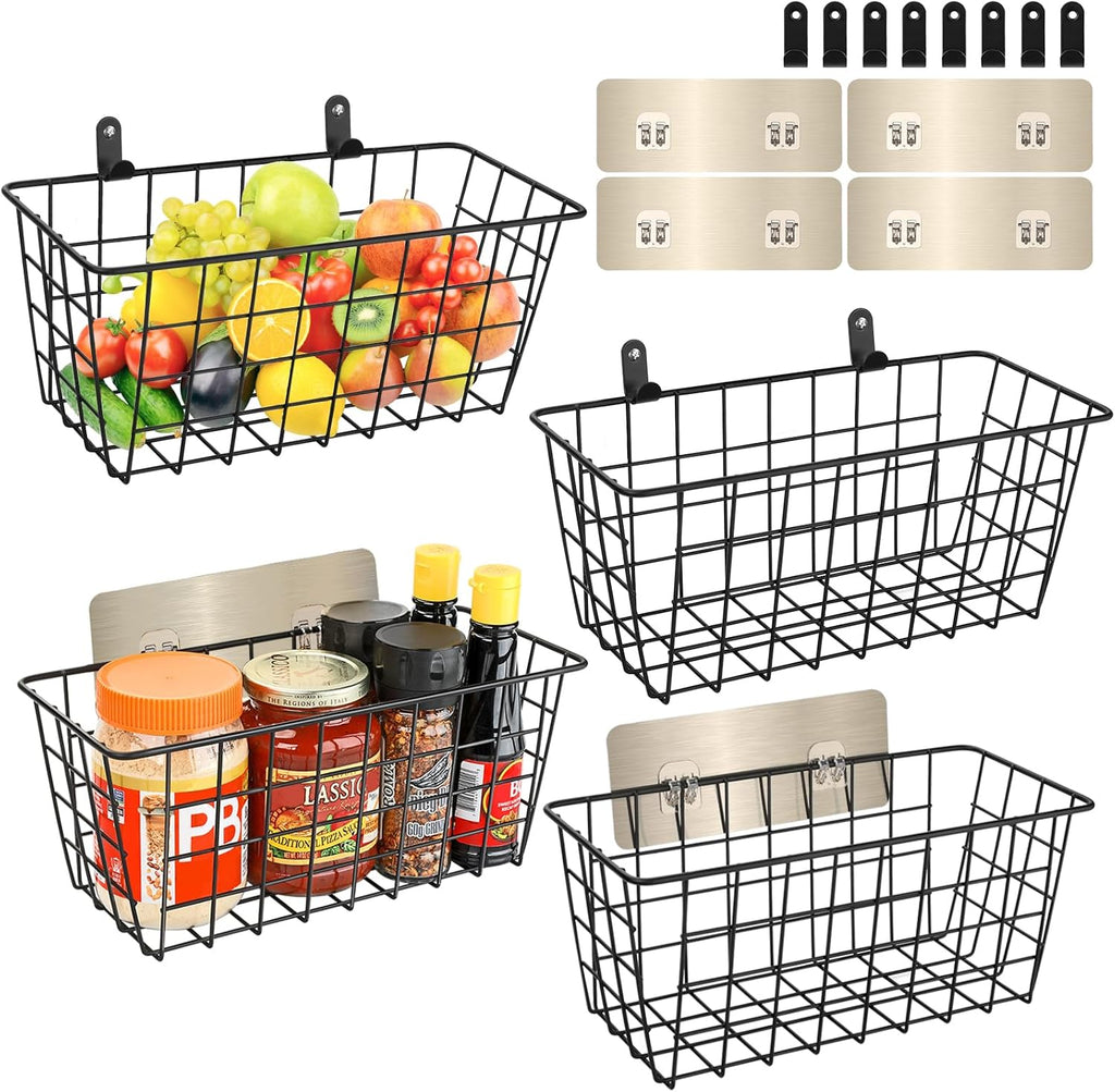 4 Pack Hanging Wall Basket Wire Storage Baskets, Adhesive Basket for Cabinet Door Organizer(2 Wall Mounting Options), Hanging Fruit Baskets for Kitchen, Pantry Organization, Bathroom, Black