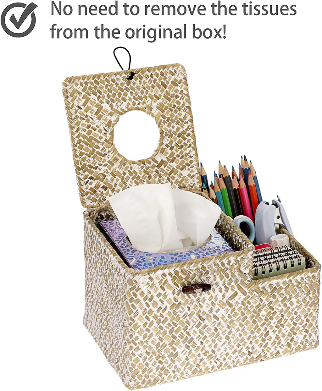 Sumnacon Tissue Box Cover Square Tissue Box Woven Seagrass Tissue Box Holder with Side Organizer, Rustic Tissue Holder for Living Room Bathroom Bedroom Kitchen Office Table Desk, White