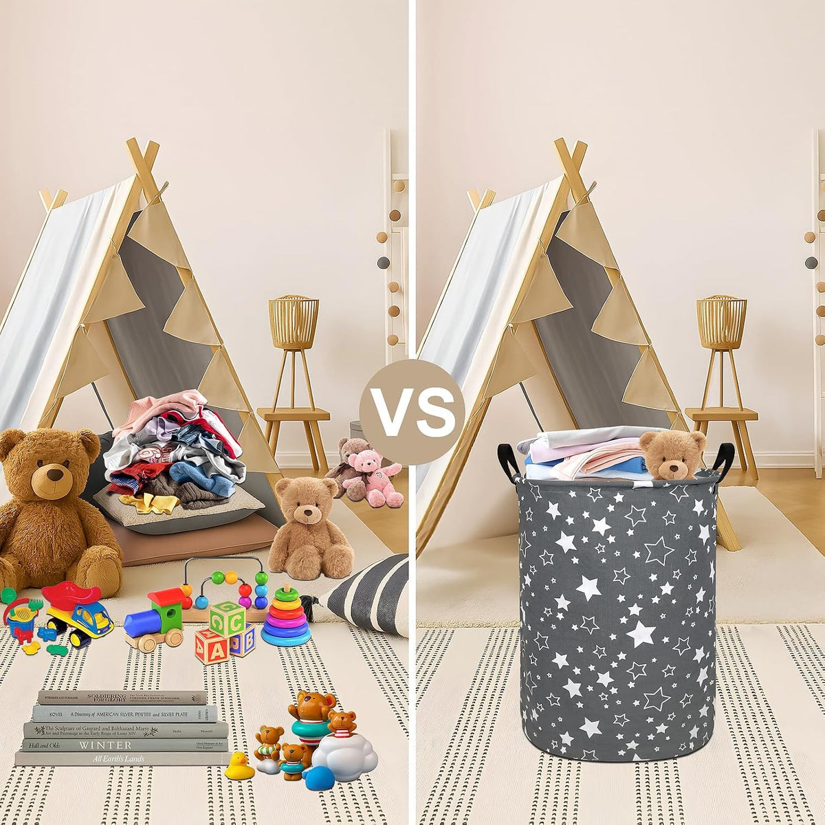 Round Fabric Collapsible Storage Basket with Handles,Grey star
