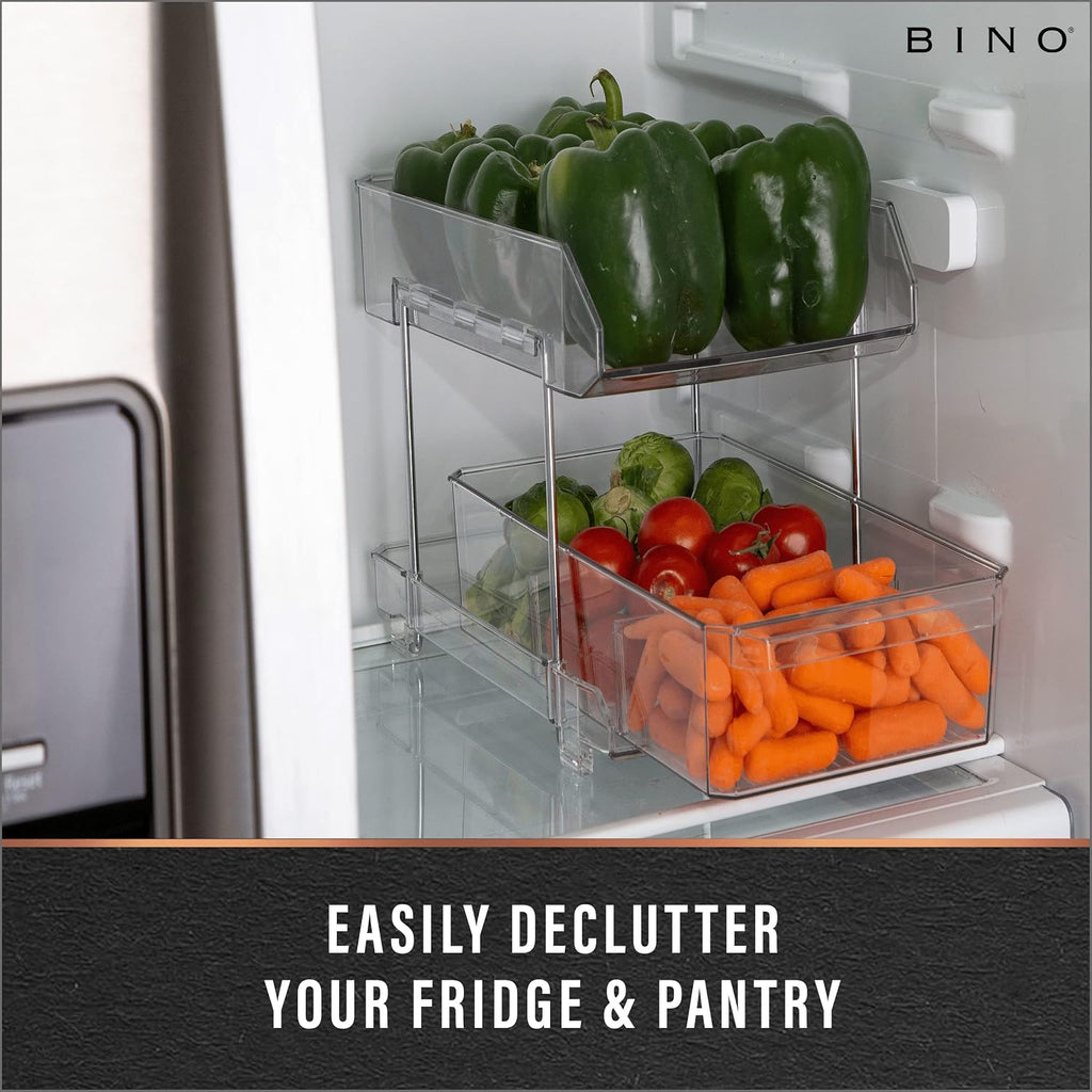 BINO 2 Tier Clear Storage Organizer with Dividers | Bottom Slide Out Drawer for Under Sink, Medicine Cabinet | Bathroom Closet, Vanity, Pantry Organizer | Under Cabinet Storage for Bathroom & Kitchen