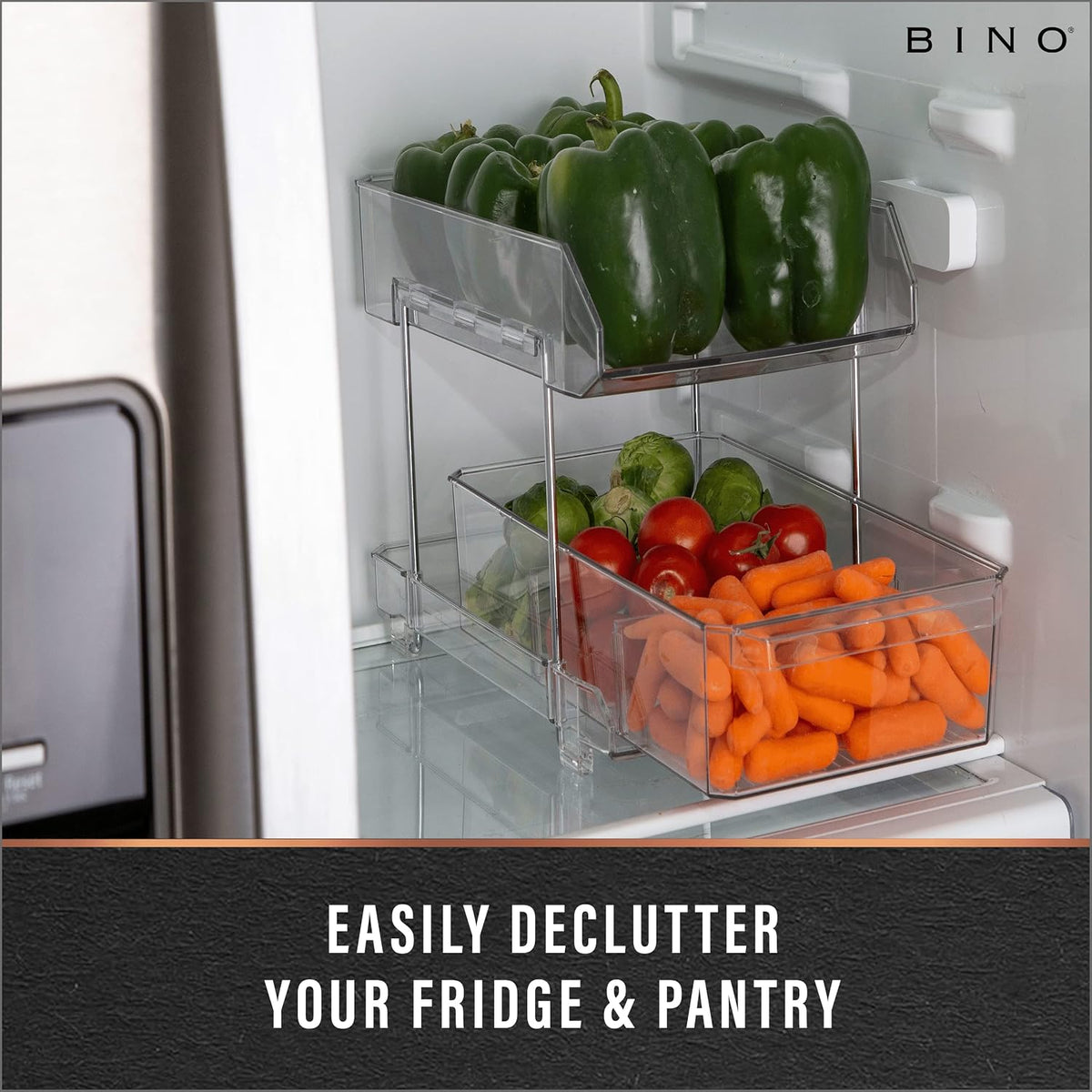 BINO 2 Tier Clear Storage Organizer with Dividers | Bottom Slide Out Drawer for Under Sink, Medicine Cabinet | Bathroom Closet, Vanity, Pantry Organizer | Under Cabinet Storage for Bathroom & Kitchen