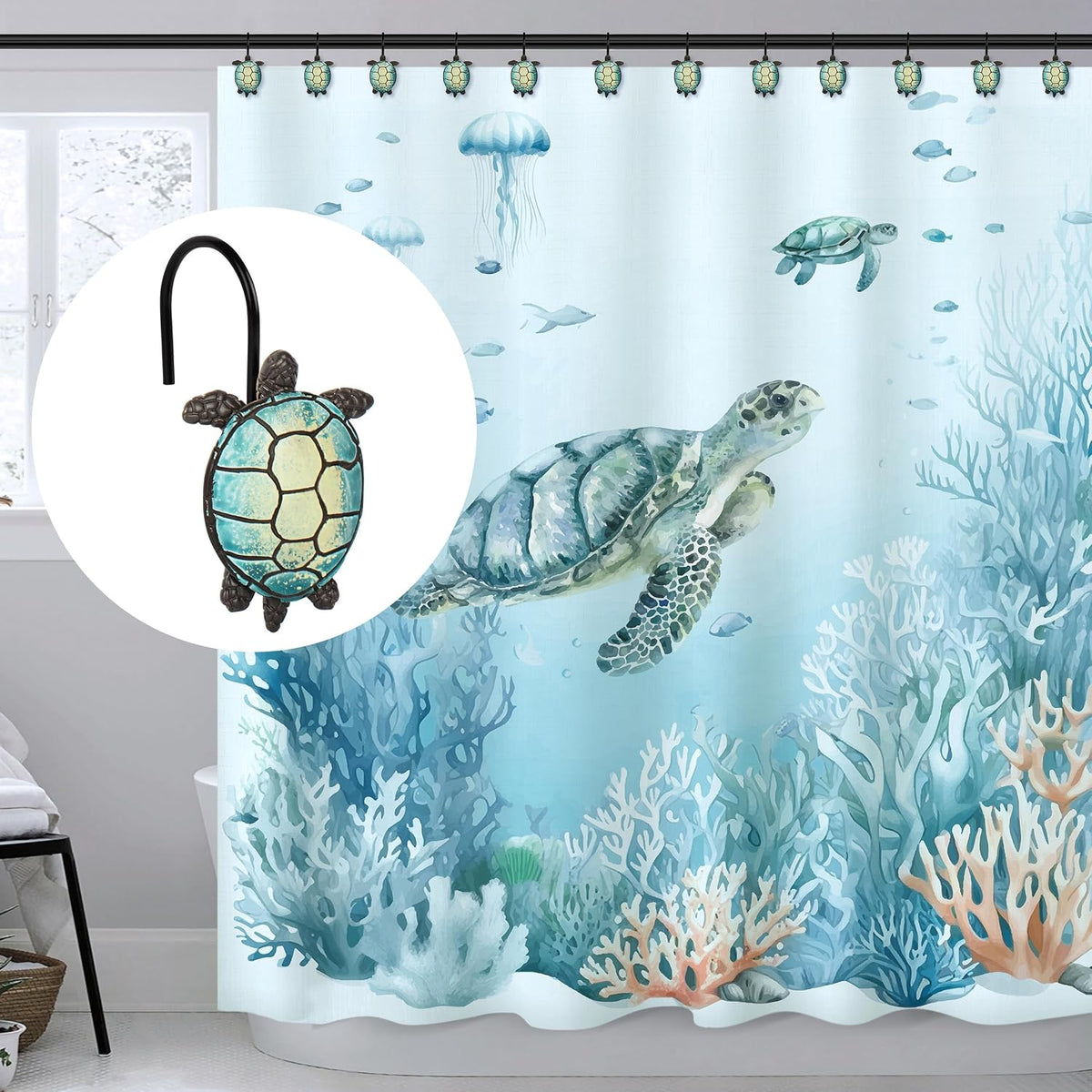 Sunlit Sea Turtle Shower Curtain Hooks, Home Decorative Shower Curtain Rings with Black Hooks for Bathroom, Resin, Ocean Shower Curtain Hanger Hooks for Kid Room Living Room, Set of 12