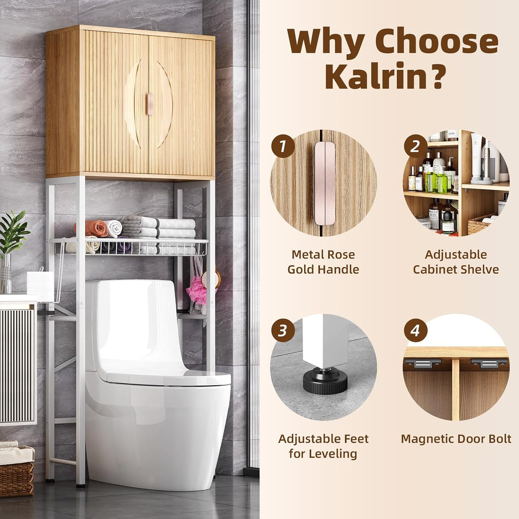 Kalrin Over The Toilet Storage Cabinet with Fluted Wave Doors and Adjustable Shelf, Wood Over Toilet Storage Rack with Drain Basket, Freestanding Bathroom Organizer for Balcony Laundry, Wood & White