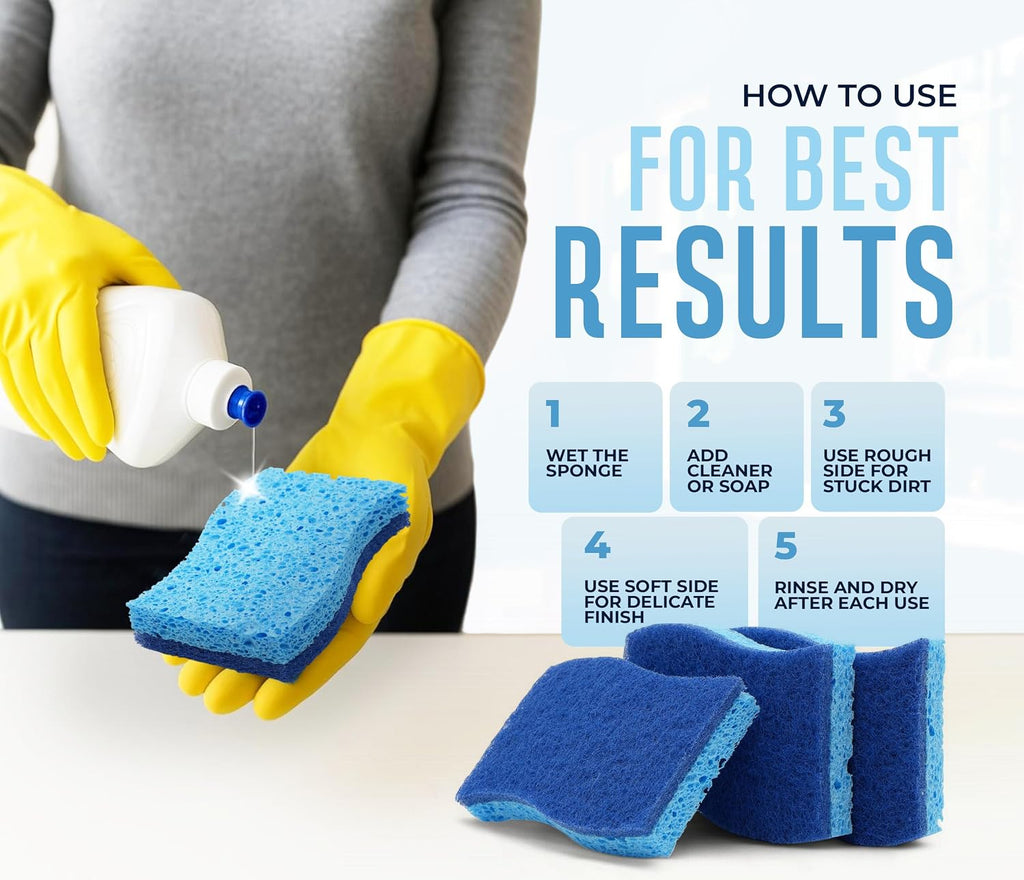 Blue Scrub Sponges Pack of 6 – Dual-Sided Kitchen Sponges for Cleaning – Non Scratch for Dishes, Bathroom, Surfaces – Durable Dishwashing Sponge