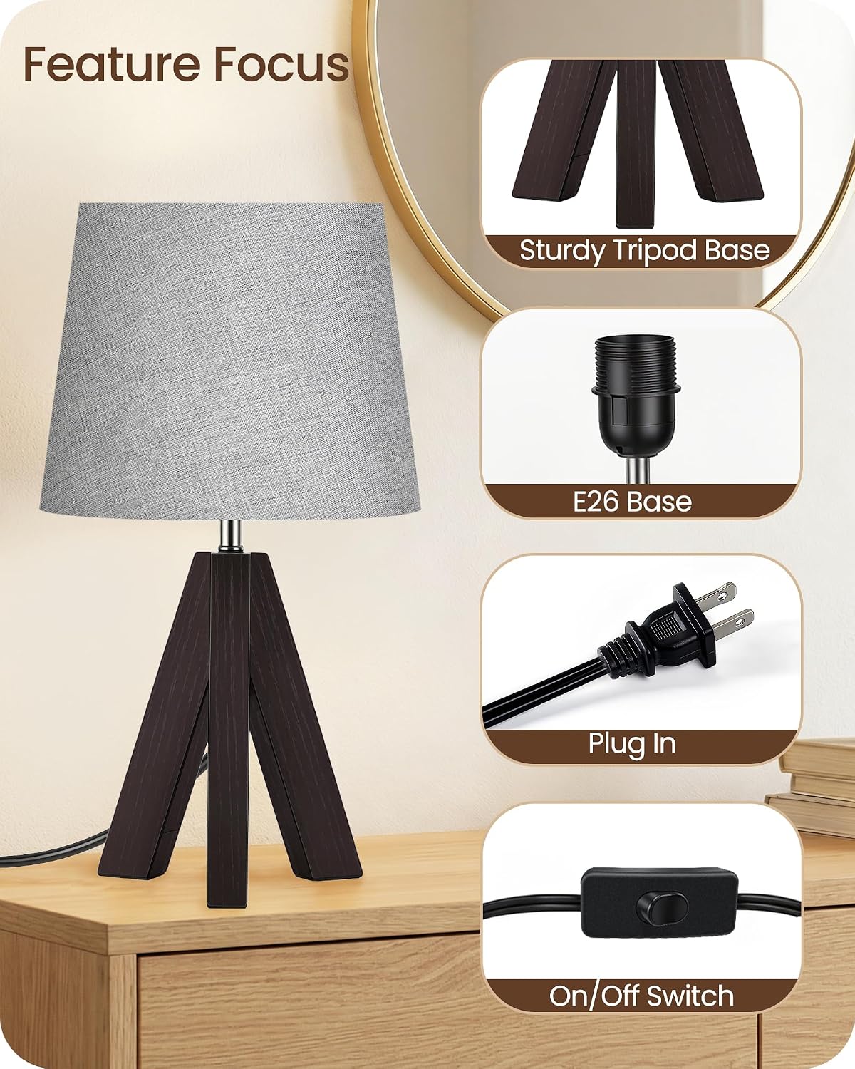 Tripod Table Lamp, 14.6" Small Bedside Lamp, Modern Nightstand Lamp with Gray Shade & Dark Walnut Base, Boho Desk Lamp for Bedroom, Kids Room, Living Room, Study, E26 Socket, VH51TL05