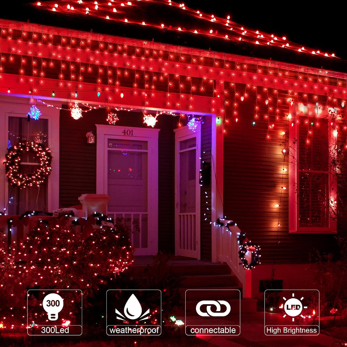 300 LED Red Icicle Lights,33FT Christmas Lights Outdoor