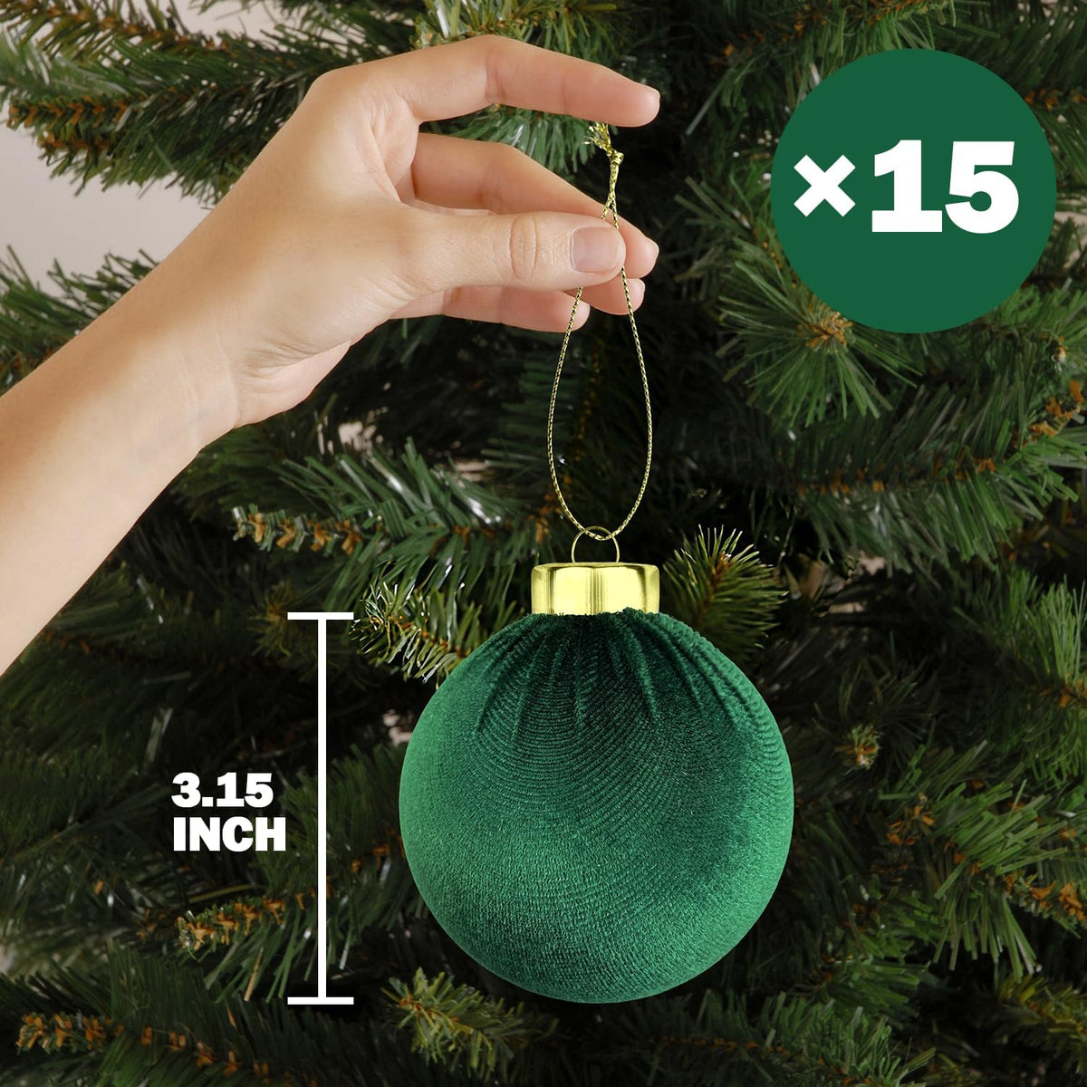 Green Velvet Balls Ornaments for Christmas Tree 15 PCS, 3.15 Inch Big Shatterproof Christmas Bulbs Ornaments Set-Decorative Hanging Baubles, Flocked Classic Decorations for Holiday(Emerald Green)