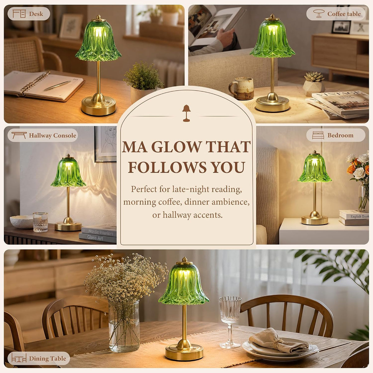 Cordless Table Lamp, Rechargeable Battery Operated Flower Touch Lamp, Green