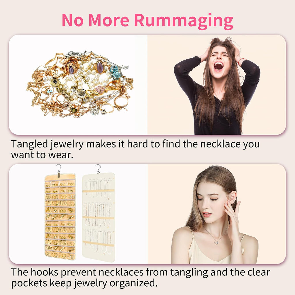 Bloss Hanging Jewelry Organizer with 48 Pockets, Double-Side Hanging Jewelrys Holder with Hanger Hooks, Jewelry Organizers and Accessories Storage for Earrings, Necklaces and Rings,Beige