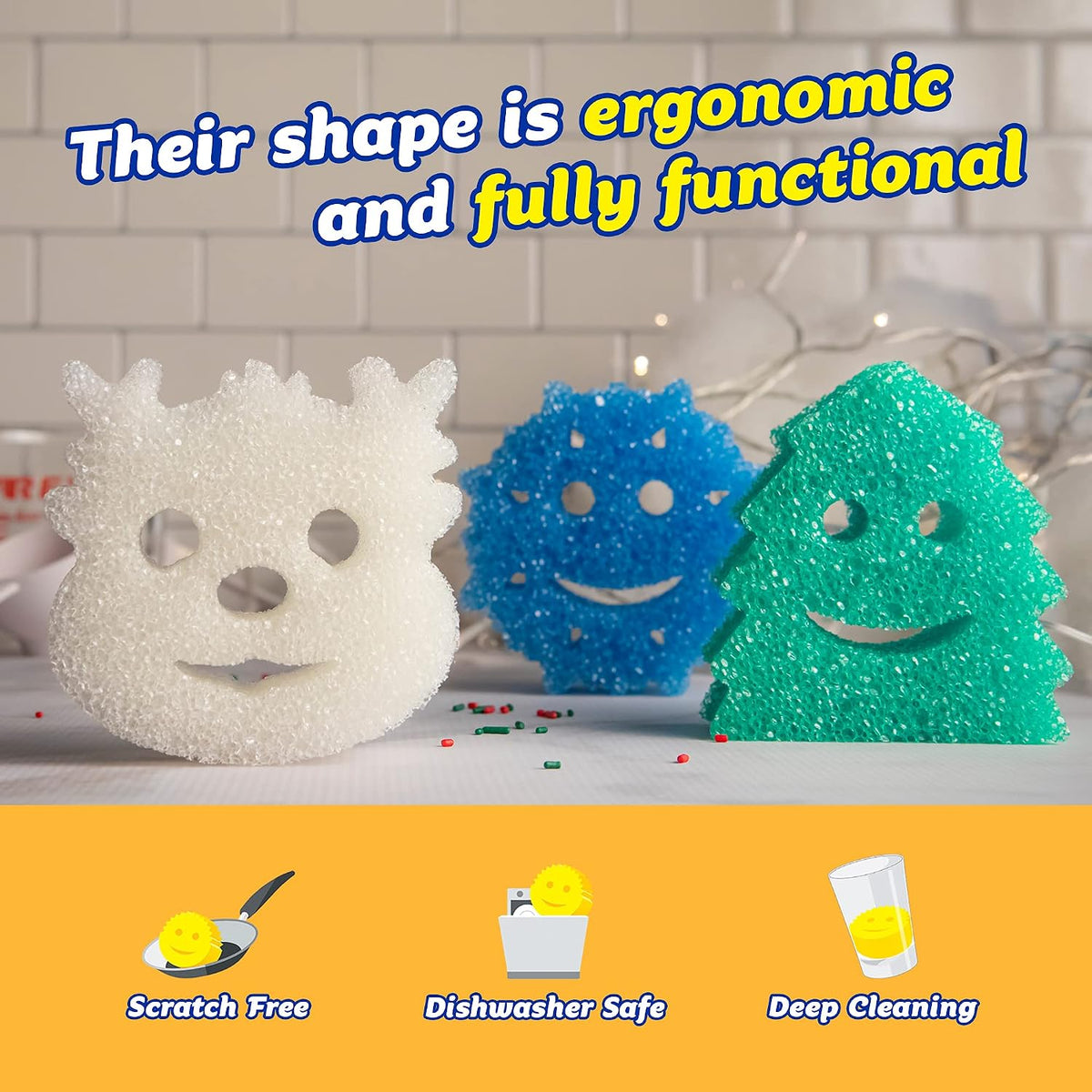 Scrub Daddy Sponge Set - Holiday Shapes - Non Scratch Scrubbers for Dishes and Home, Odor Resistant, Temperature Controlled, Soft in Warm Water, Firm in Cold, Deep Cleaning, (3 Count (Pack of 1))