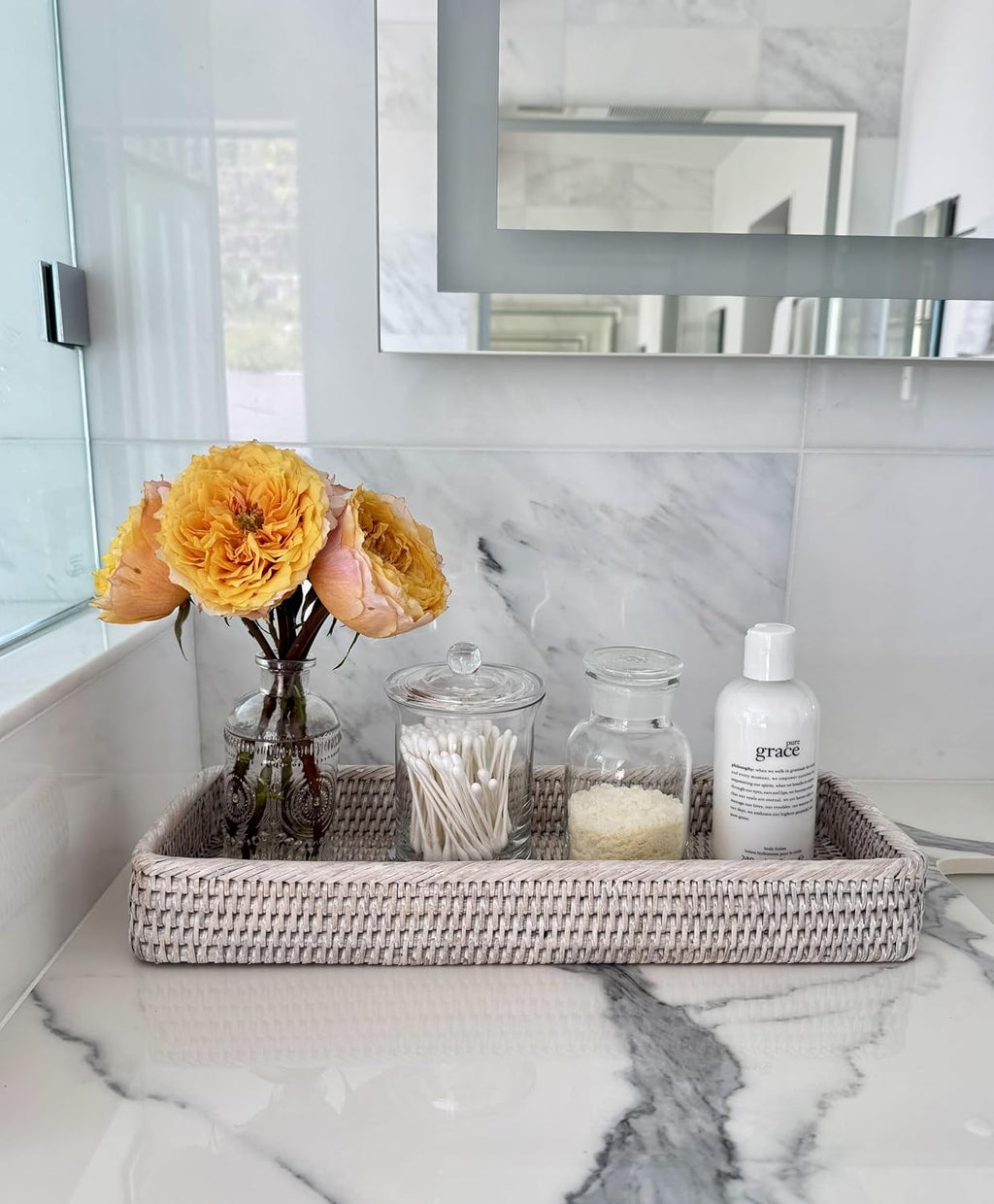 KOUBOO Rattan Vanity Tray Perfume Makeup Bathroom Organizer White Wash