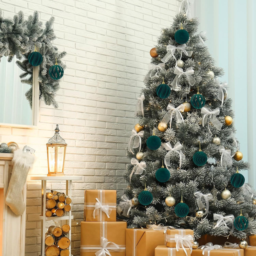 DERTE 12Pcs 3.15in Velvet Christmas Tree Balls Ornaments (Green)