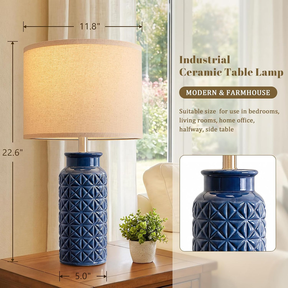 Innqoo 22.6" Modern Ceramic Bedside Lamps Set of 2, Lamps for Bedroom,Blue