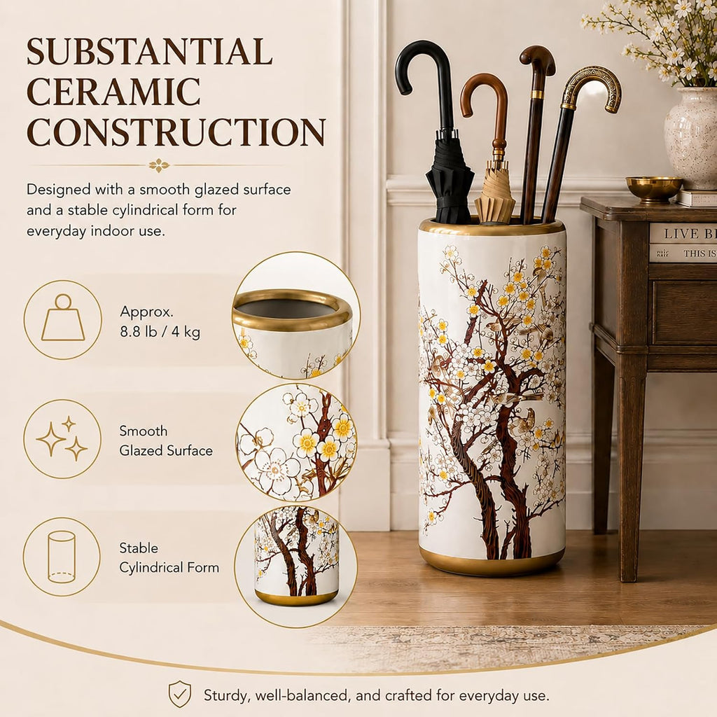 Ceramic Umbrella Stand for Entryway, Decorative Indoor Umbrella Holder with Gold Rim, Floor Vase Cane & Walking Stick Holder for Foyer Hallway Home Decor(Plum Blossom)