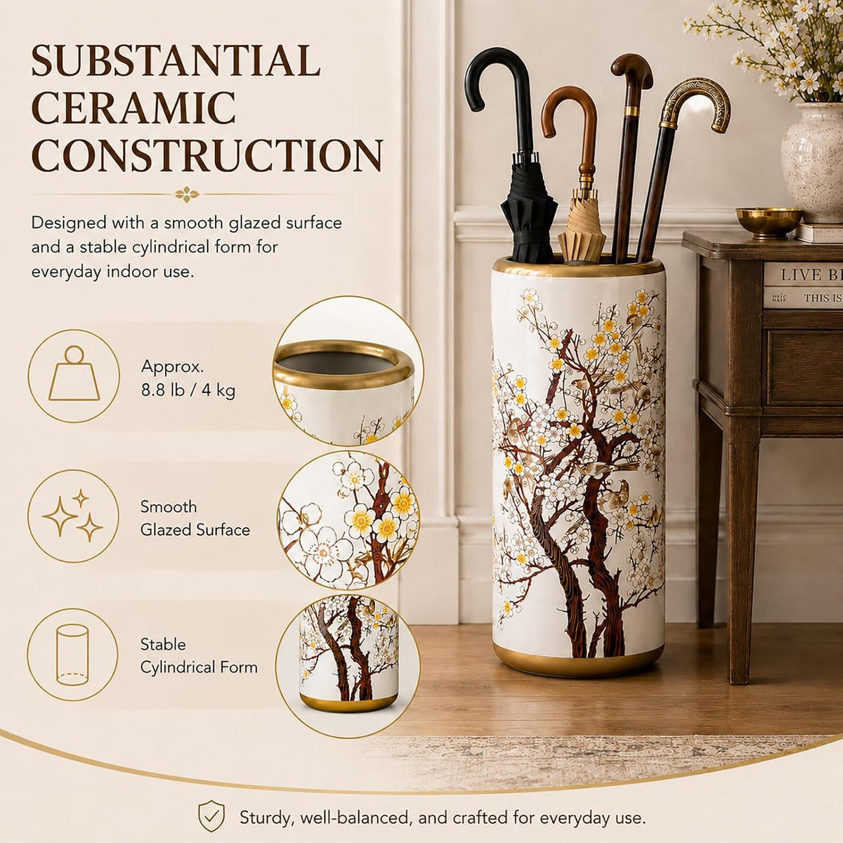 Ceramic Umbrella Stand for Entryway, Decorative Indoor Umbrella Holder with Gold Rim, Floor Vase Cane & Walking Stick Holder for Foyer Hallway Home Decor(Plum Blossom)