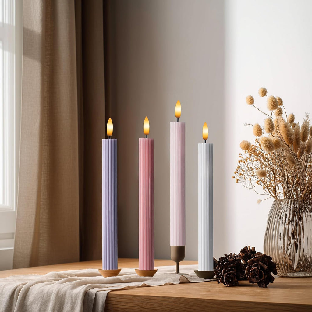 Coordinated Dusty Mauve Pinkish Lilac 4 Pack, 10" Real Wax LED Flameless Fluted Ribbed Grooved Taper Candles, Remote & Timer Memory, On/Off Button, Dimmable, Battery Operated, Menorah Wedding