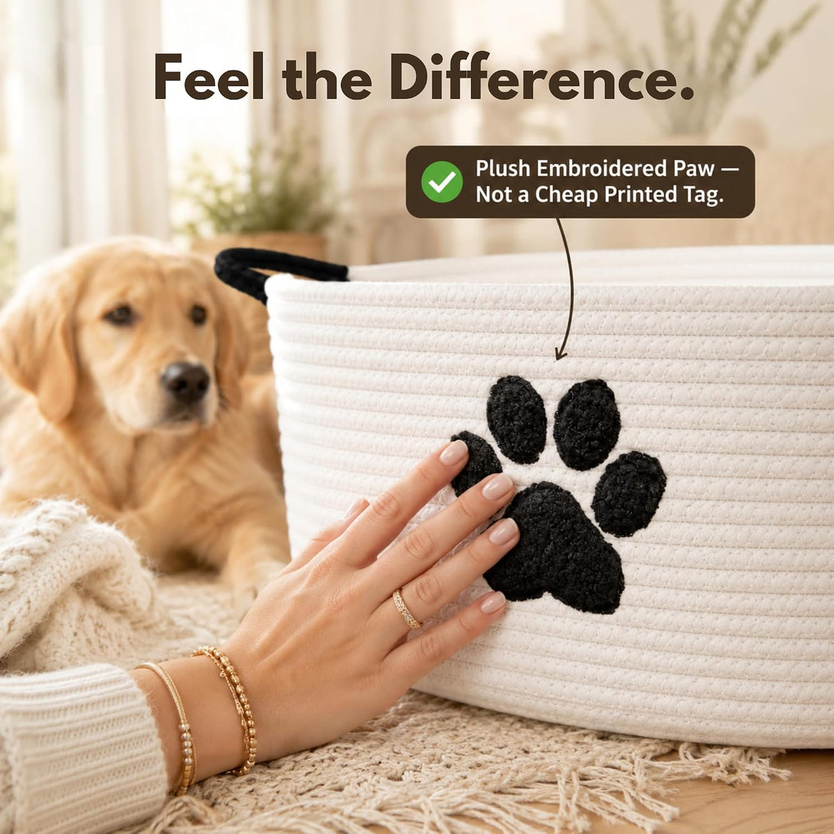 Dog Toy Basket with Handles, Cotton Rope Storage Bin Organizer for Pets