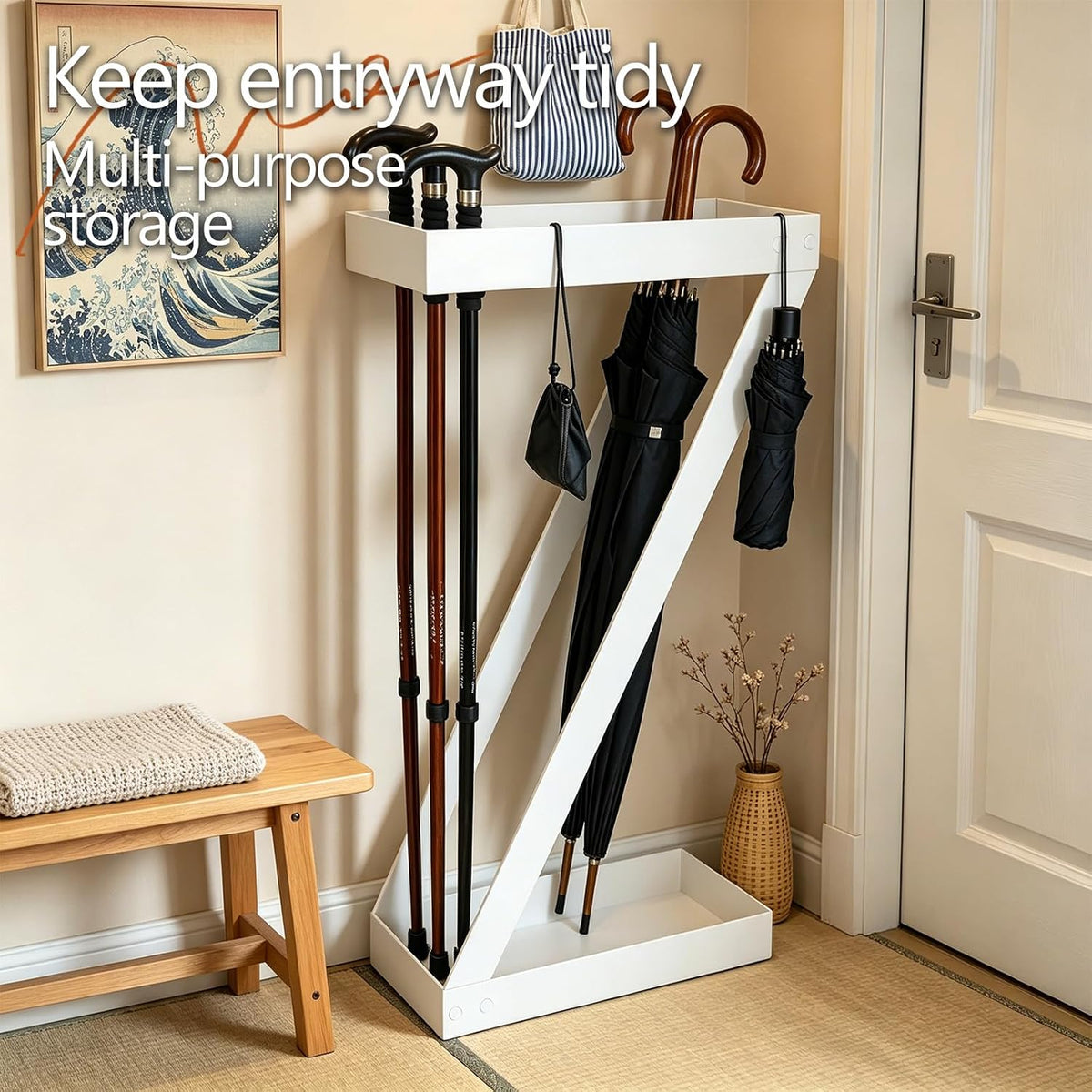 Umbrella Holder for Entryway, White Indoor Umbrella Stand with Hooks,Metal Umbrella Storage Rack Ideal for Home Office Hotel Lobby