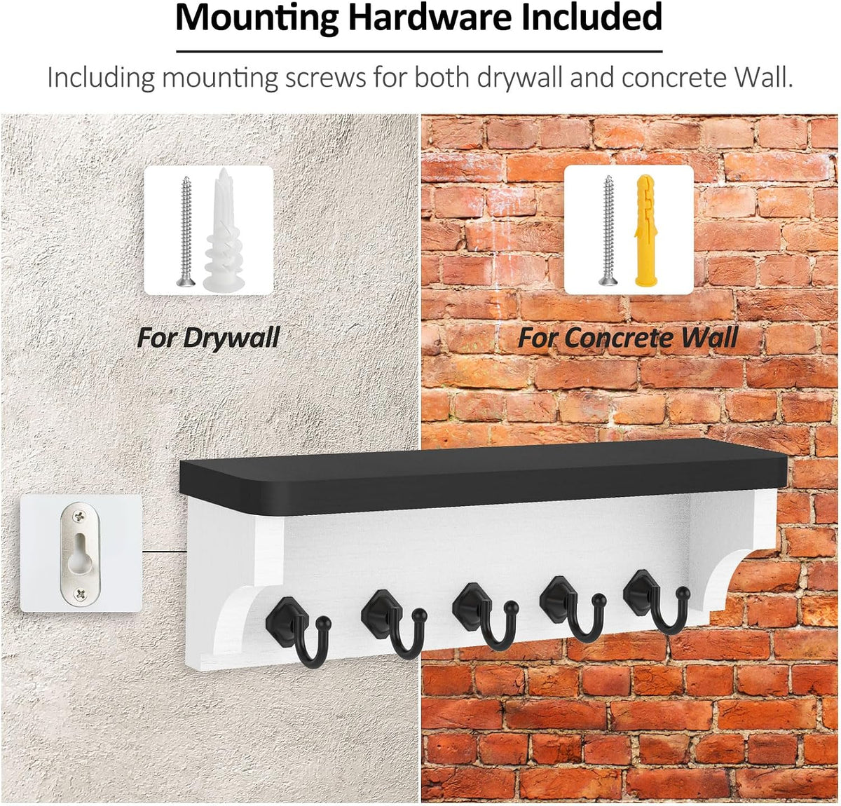 Nekon Key Holder for Wall, 11.8" W x 3.5" H x 2.8" D Wall Shelf, Black