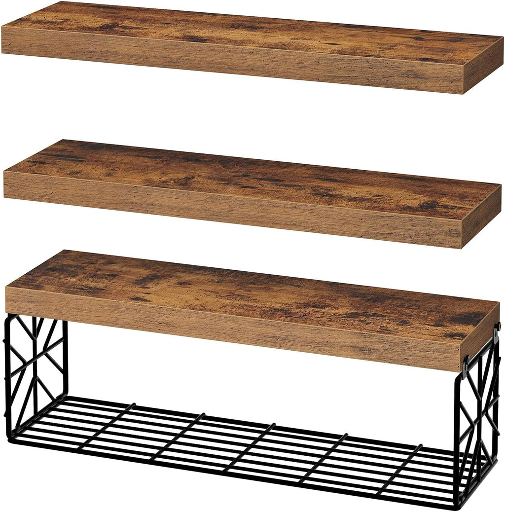 RALGEND Floating Shelves for Wall, 23.6" Wall Mounted Shelves Set of 3, 1.5" Thick Hanging Shelf Storage, Farmhouse Decor for Bathroom, Toilet, Bedroom, Living Room, Kitchen, Rustic Brown 6001BJBF