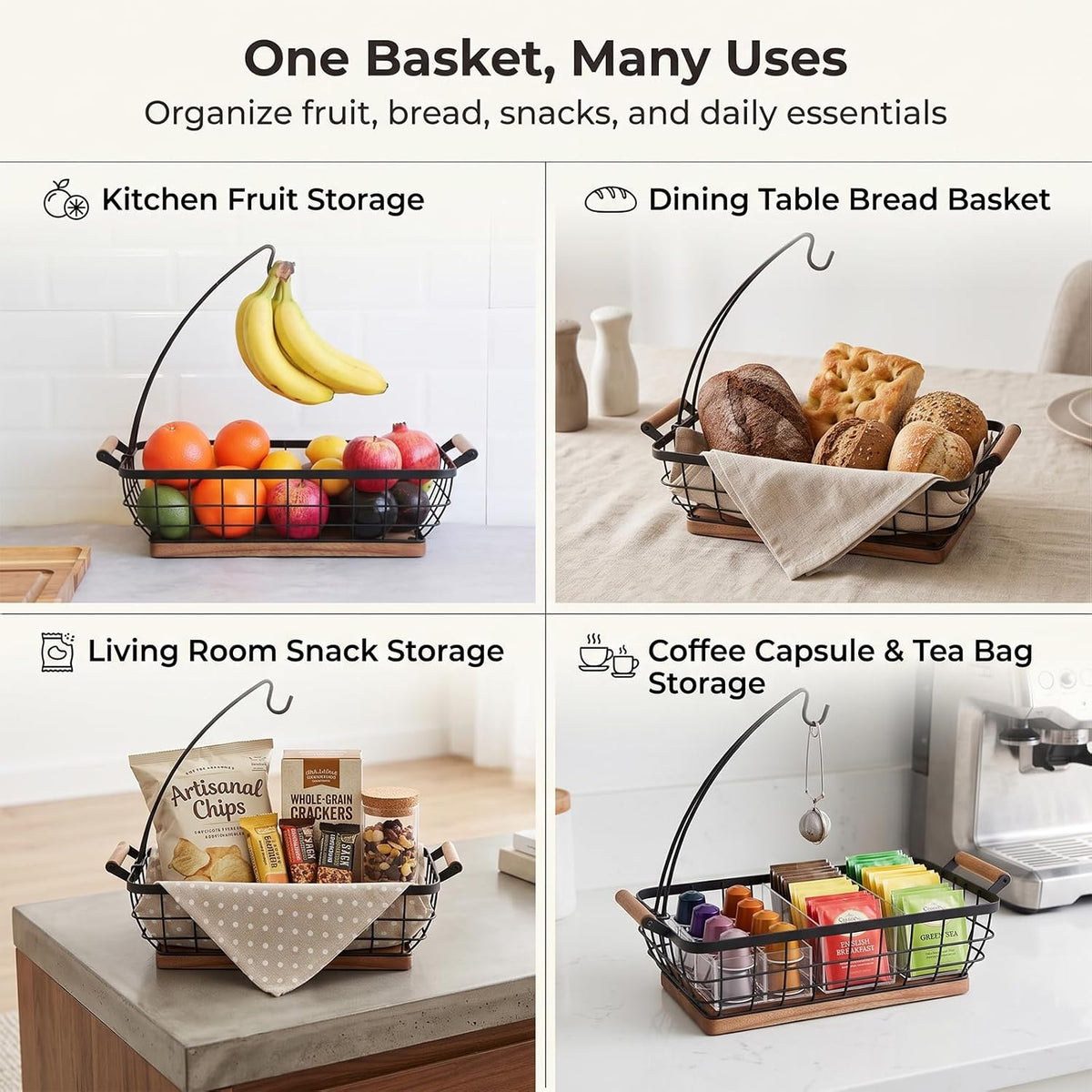 WILDMOS Rectangular Fruit Basket with Banana Hanger,Metal Wire Fruits Bowl with Wooden Base,Kitchen Table Organizer,Black Fruit Bowl for Kitchen Counter,Vegetable Bowls for Fruits, Veggies, Snacks.