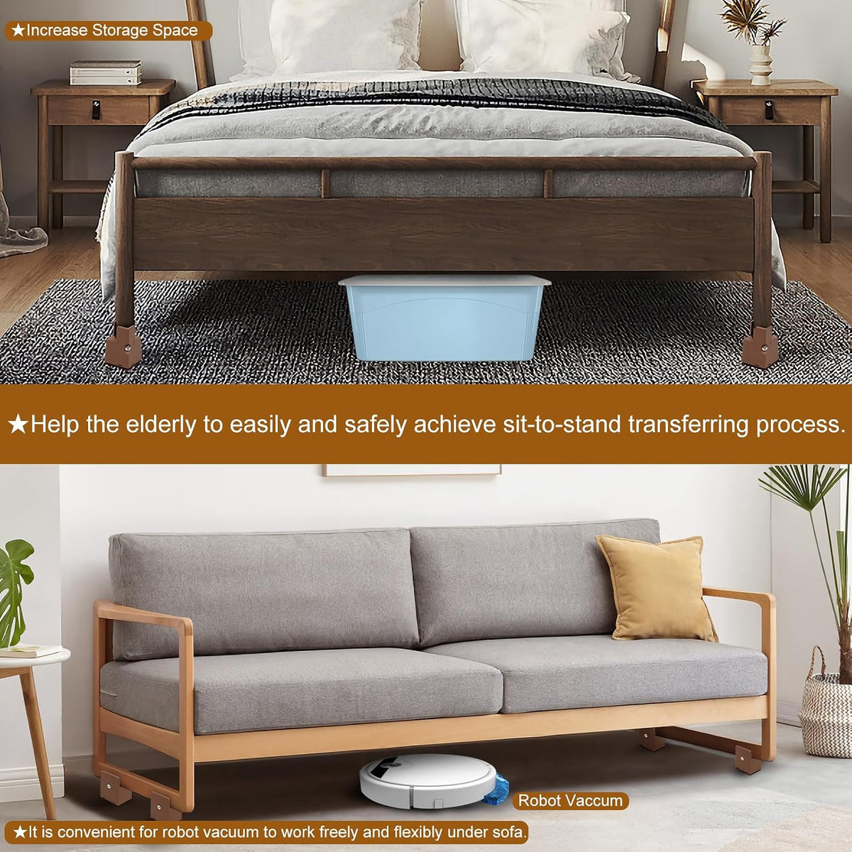 Bed Risers 2 Inch with Adjustable Screw Clamp, 4 Pack Heavy Duty Furniture Risers, Supports up to 5,000 lbs, Fits Furniture Legs with Thickness from 0 to 1.3 Inch(Brown, Type-S)