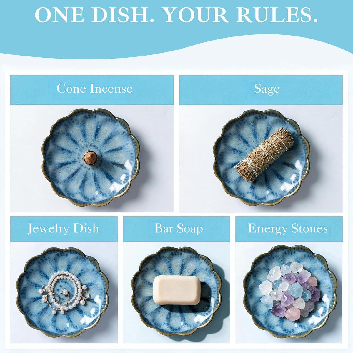 Pinehaven Ceramic Lotus Incense Holder, 5.5 Inch Japanese Blue