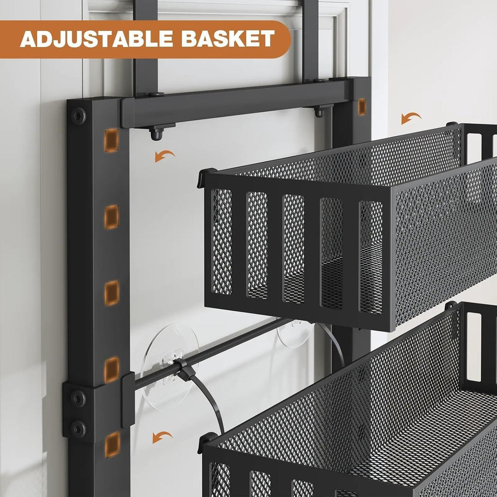 Over The Door Organizer, 6-Tier Heavy-Duty Metal Mesh Rack, Adjustable Large Baskets, 2-in-1 Hanging or Wall Mount Spice Rack, Behind The Door Organizer for Bedroom Closet Bathroom Pantry Kitchen