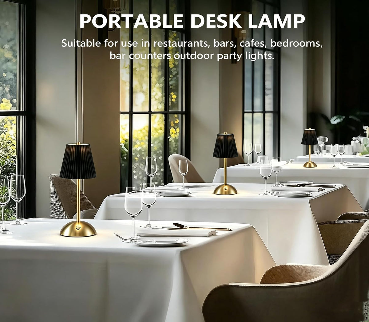 Cordless LED Table Lamp with Dimmer, Built-in Rechargeable Battery, 3-Level Brightness, Patio Table Lamp, Bedside Night Lamp, Ambient Light for Restaurant, Antique Brass (Black)